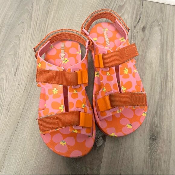Mini Melissa Sandals Girls 3 Ping Pong Fabula Pink and Orange Floral Strappy - Picture 2 of 7